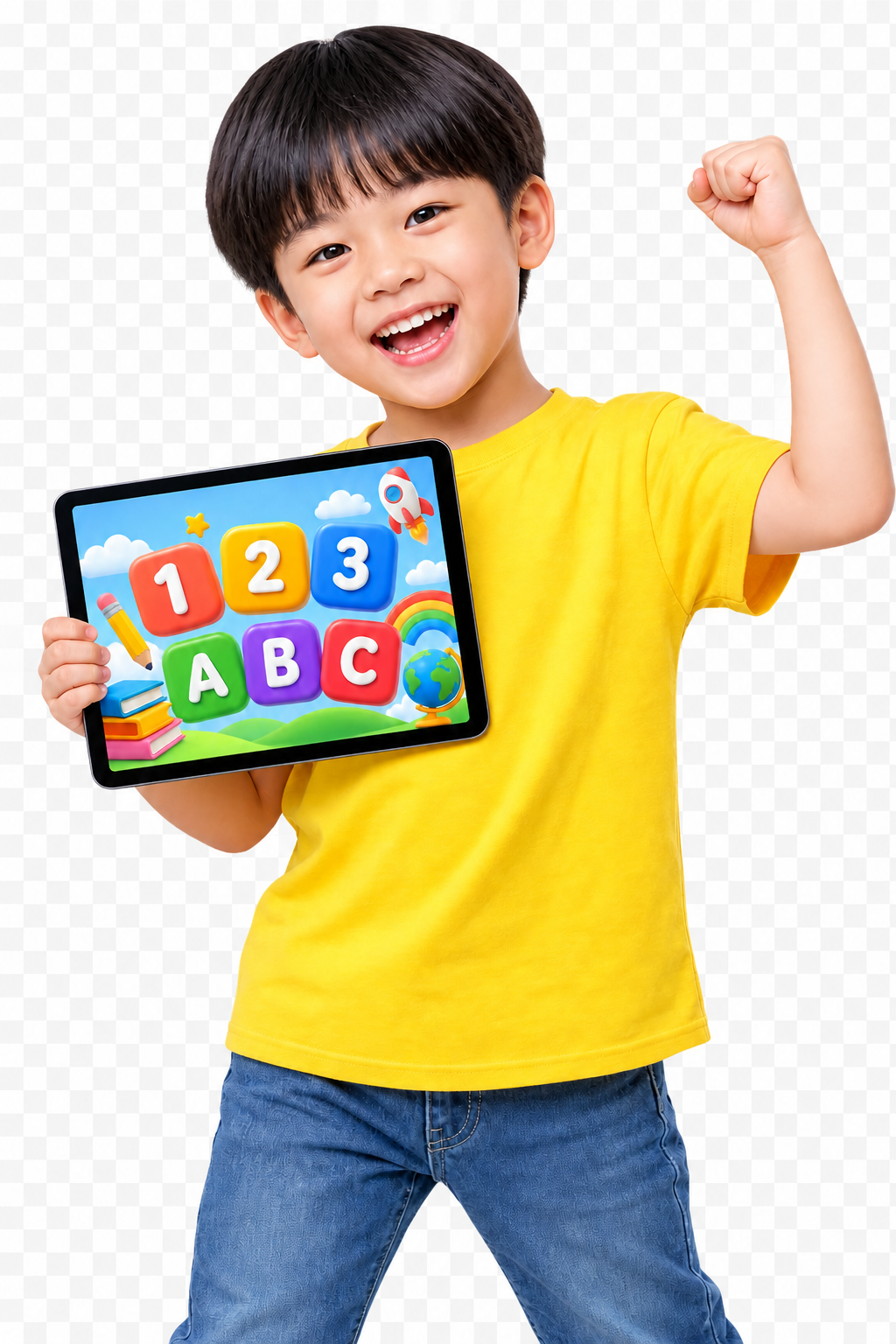 Bé trai vui học số và chữ cái trên máy tính bảng